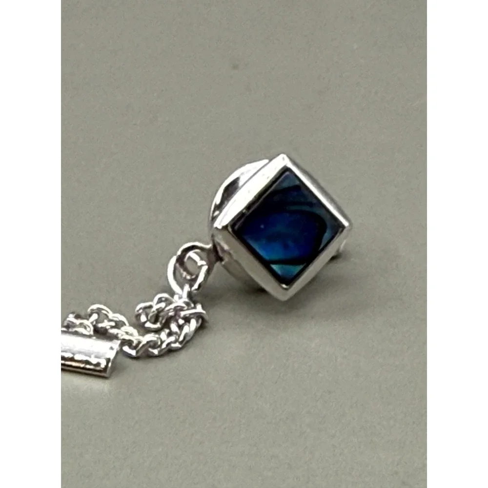 Tie Tack Silver Tone Blue Inlay Square Stone Men Accessory Chain Bar